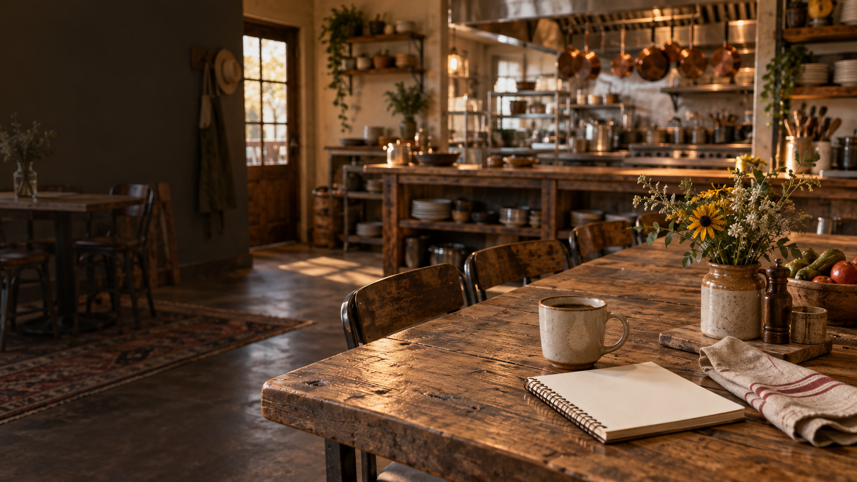 A warm, rustic independent restaurant ready for the day